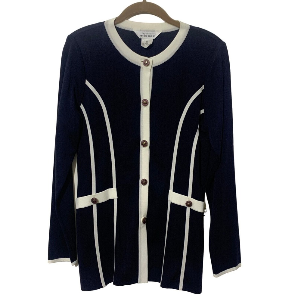 Misook Sz Xs/S Navy Off White Long Line Cardigan Jacket Top